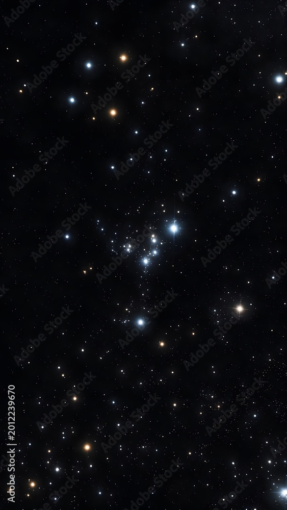 Fototapeta premium Starry night sky with distant glowing star clusters and bright white and golden suns.