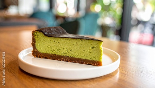 Realistic food photography of a matcha burnt cheesecake slice on a white plate, creamy texture, charred top, soft lighting, shallow depth of field, blurred background.