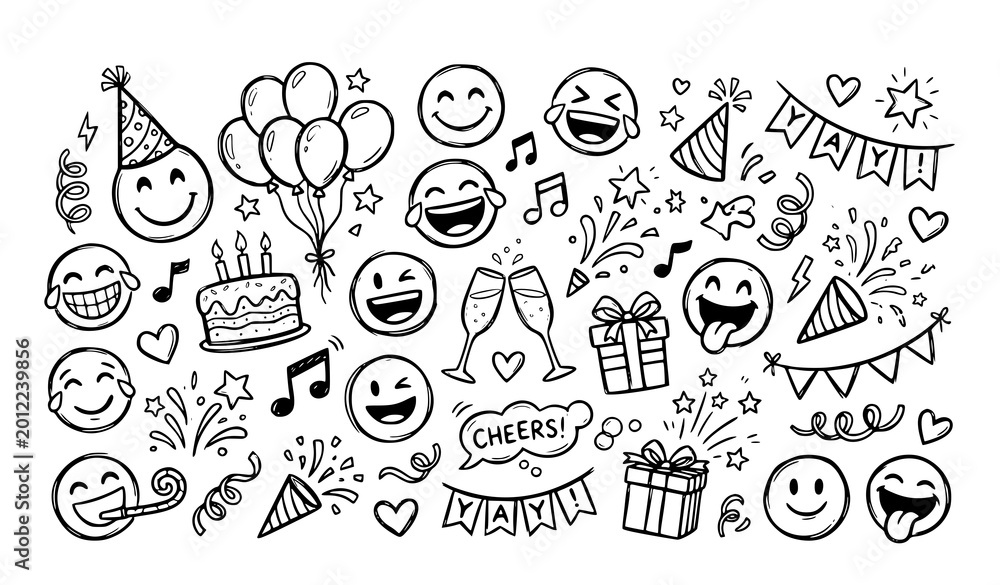 Fototapeta premium Hand Drawn Celebration Icons and Emoticons Vector Set Festive Party Doodle Collection