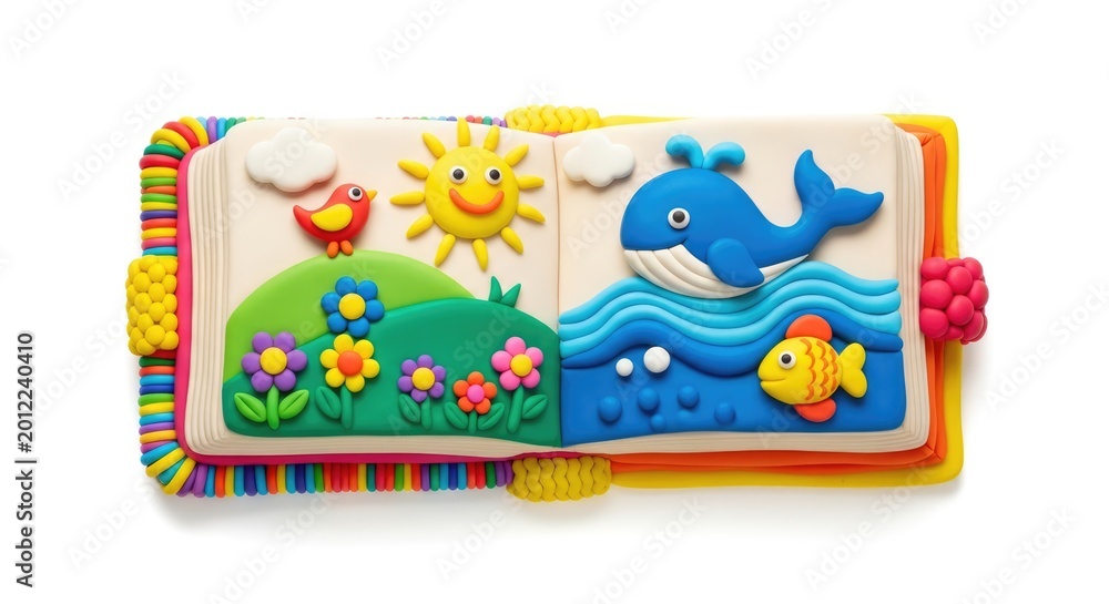 Fototapeta premium Colorful Childrens Fabric Activity Book Open on White Background