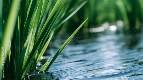 Wetland ecosystem with clear water and plants, natural water filtration concept, biodiversity and sustainability, environmental stock photo