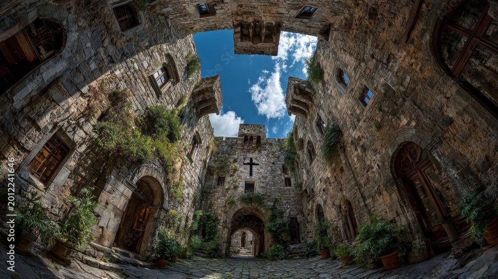 Fototapeta premium Sky cross seen from inside medieval tower in Tuscany Italy, fisheye perspective showing stone walls, arched windows, ancient architecture, dramatic epic fantasy view