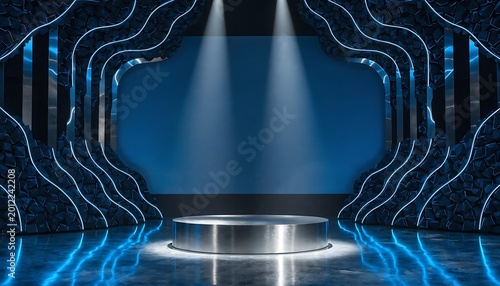 Futuristic stage with blue lights and spotlight