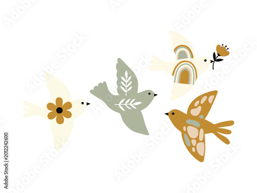 Obraz na płótnie Set of four decorative birds in boho style with floral and rainbow patterns