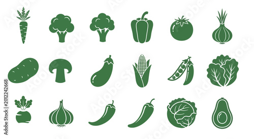 Foto Collection of various green vegetables icons.