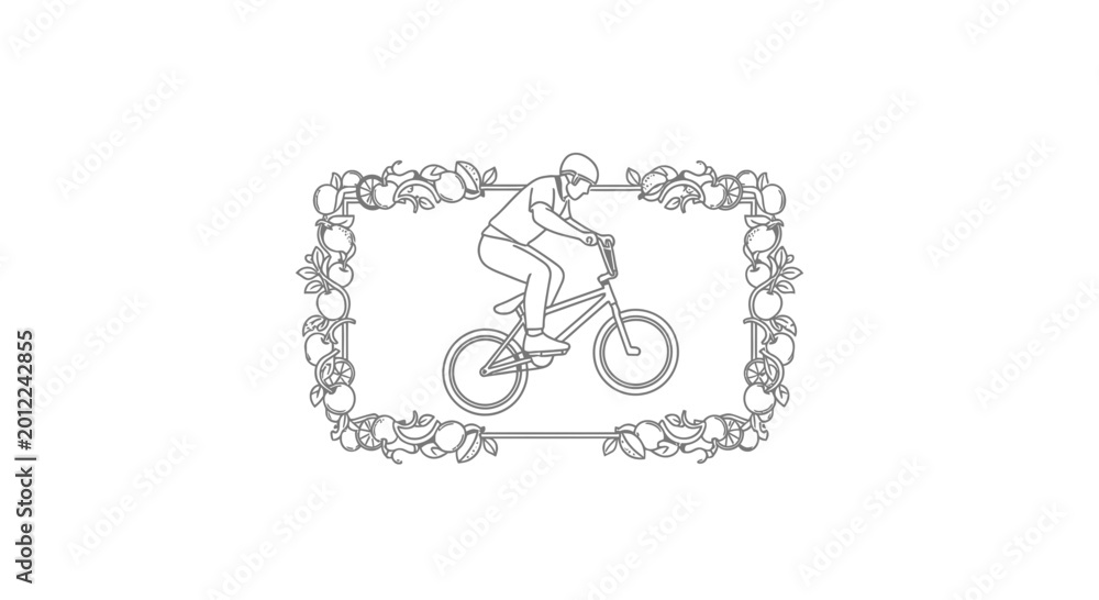 Fototapeta premium BMX Rider in Decorative Frame, Line Art Illustration