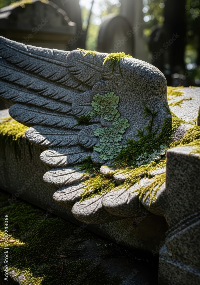 Obraz premium Granite stone angel wing sculpture sits covered in moss in a peaceful cemetery setting.