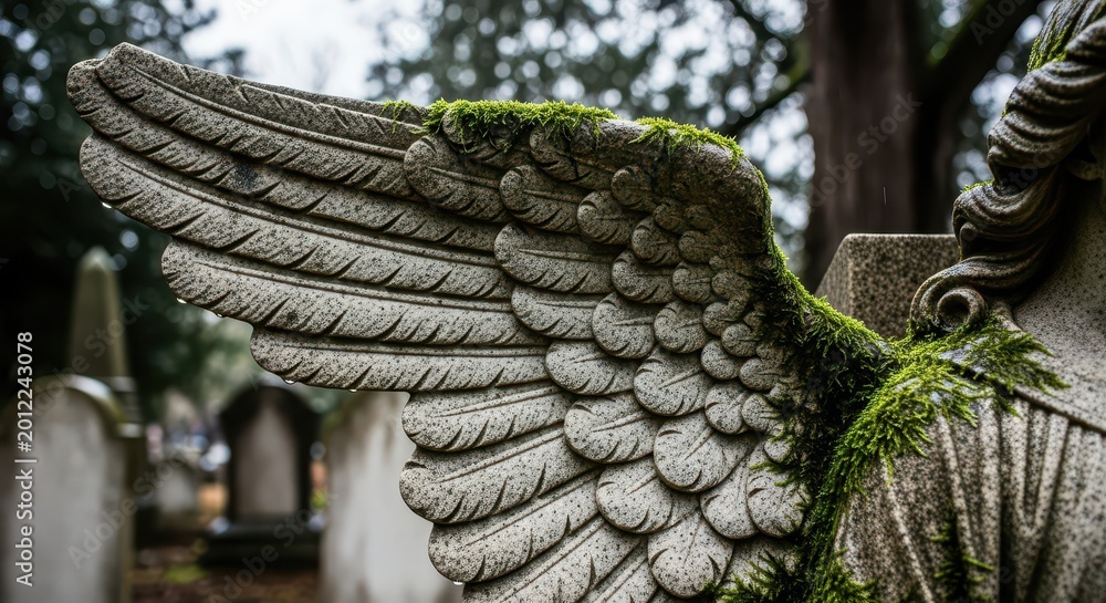 Fototapeta premium Weathered stone angel wing sculpture stands covered in green moss in an ancient graveyard.