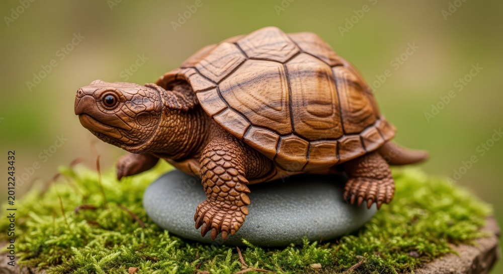 Fototapeta premium Wooden turtle figurine rests on a smooth stone surrounded by green moss.