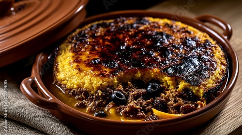 Pastel de Choclo, Chile's national dish, presented in traditional Chilean clay pot (paila) with side handles
