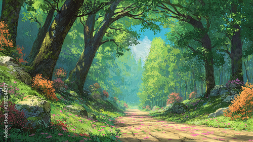 Illustration of forest picturesque landscapes around simple dirt roads.