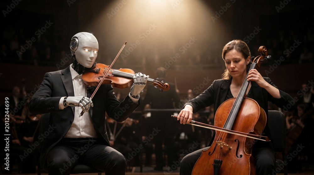 Fototapeta premium A humanoid robot and a female musician play violin and cello together on a dimly lit concert hall stage