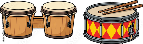 Photos Traditional Wooden Bongo Drums and Festive Snare Drum with Drumsticks Vector Ill