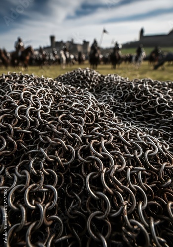 Metal chainmail armor lies on the battlefield before a charging cavalry.