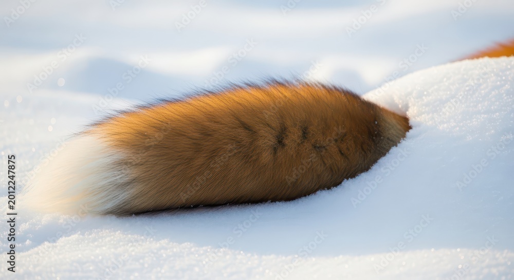 Naklejka premium Red fox tail rests on a thick layer of white snow.