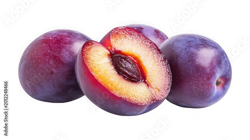 Four plums with one cut open on white background