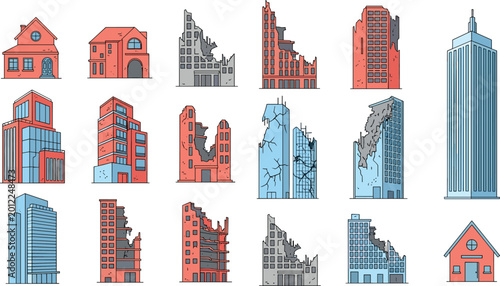 Quadro su tela Urban Building Vector Set with Houses Skyscrapers Partially Damaged Collapsed St