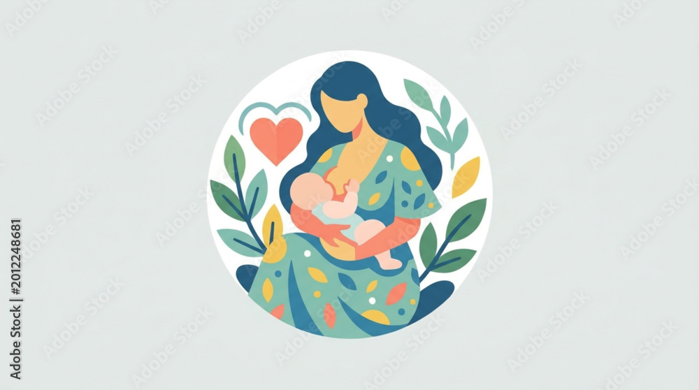 Obraz premium A mother breastfeeding her baby surrounded by leaves and a heart on a clean white background with a warm and nurturing mood