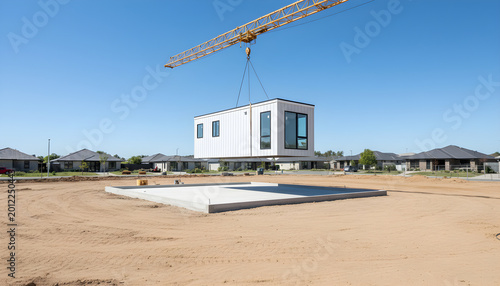 Crane lifting prefabricated modular home onto concrete foundation