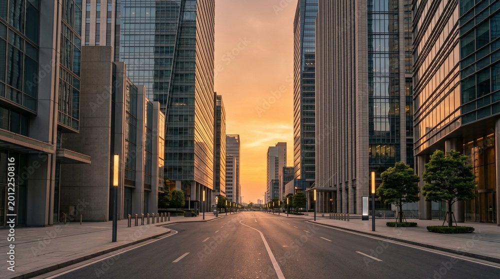 Obraz premium Modern City Street at Sunset with Tall Buildings and Warm Light