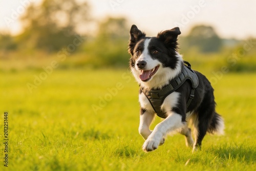 Running dog in grassy field
