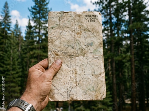 A weathered hand holds a crumpled vintage map of Yosemite National Park against a backdrop of towering pine trees and a bright blue sky.