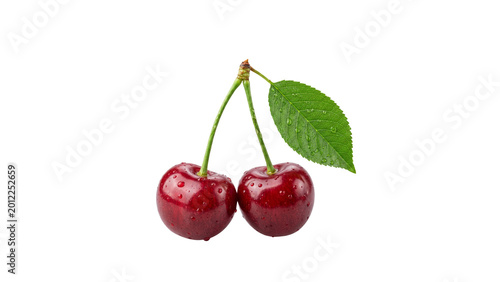 Fresh Red Cherries with Green Leaf Isolated on Transparent Background