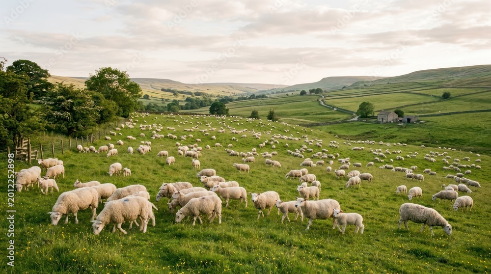 Fototapeta premium A flock of sheep grazing in a lush green field with rolling hills in the background.
