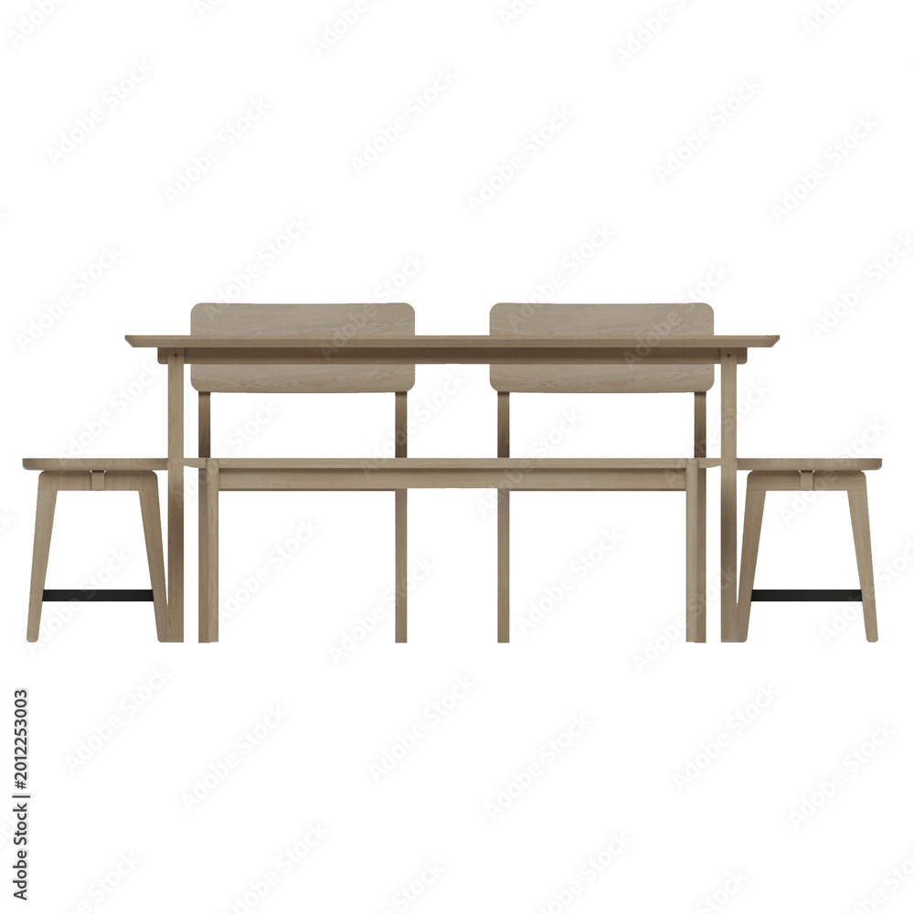 Fototapeta premium Front view of white oak rectangular dining set with chairs, stools, and bench highlighting bright finish and clean lines.