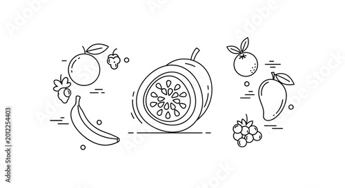 Assorted Fresh Fruits Line Art Icon Set: Banana, Orange, Mango, Grapes, Strawberry, Passion Fruit