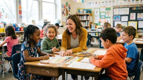 A teacher and students in a classroom setting, engaged in a lesson.