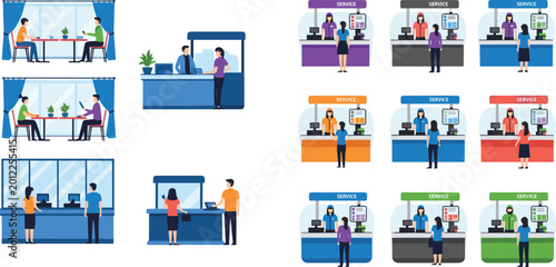 Bild auf Leinwand Customer Service Counter Vector Set with Office Interactions, Service Agents, Re