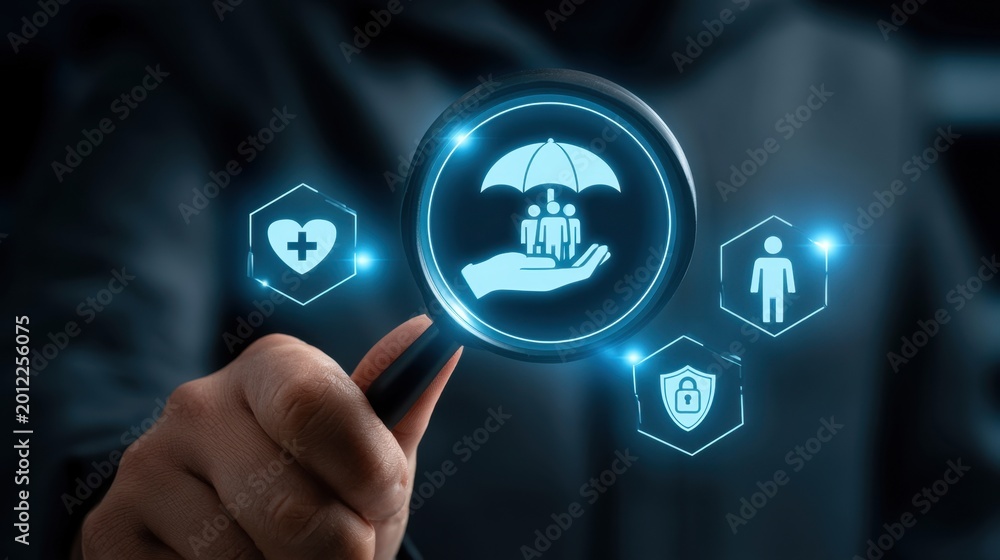 Fototapeta premium Hand holding magnifying glass focusing on family protection icon surrounded by health shield, person, and security symbols on dark blurred background