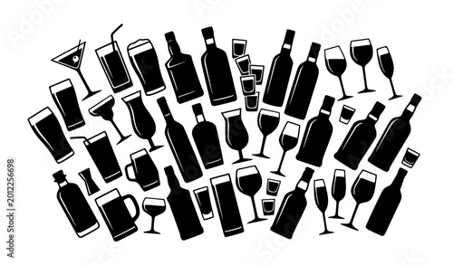 Tableau sur toile Dynamic cocktail glass and bar bottle silhouette collection for nightlife vector