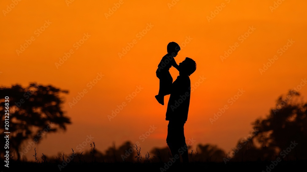 Fototapeta premium Father carrying son on back at sunset in park family silhouette