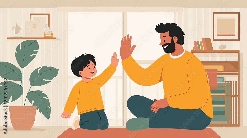 Fototapeta premium Father and son high five moment, warm parent child bonding