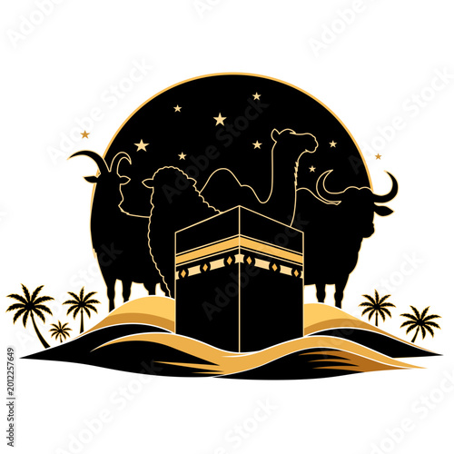 Animal Qurban or Sacrificial Animal - Goat Sheep Camel Cow - Eid al Adha Silhouette with Ka’bah
