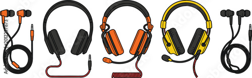 Tableau sur toile Collection of Wired Earphones and Gaming Headsets with Microphones in Modern Fla
