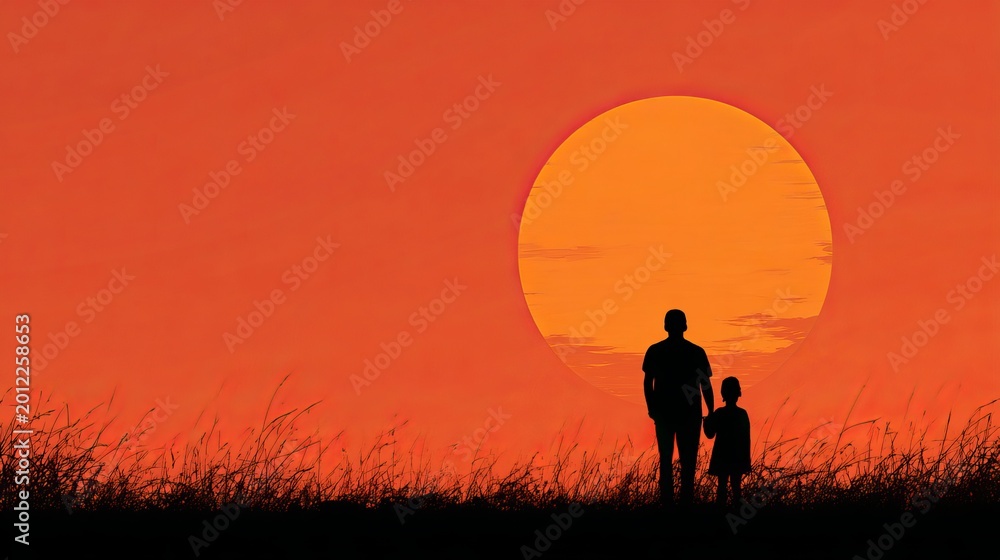 Fototapeta premium Loving father and child silhouette on sunset background banner