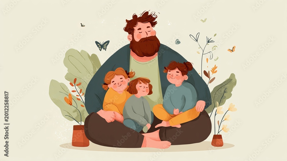 Naklejka premium Father's day greeting card with father sitting together with children poster design
