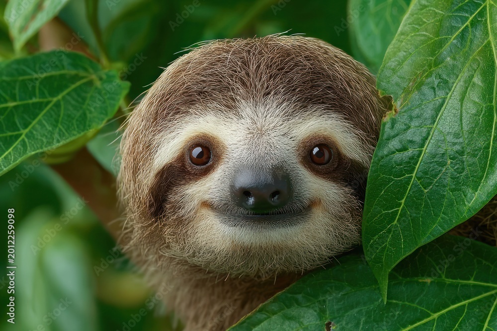 Fototapeta premium Adorable tree sloth nestled among lush green leaves