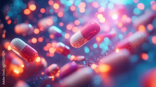 Vibrant pills in motion, bokeh background, medical concept, stock photo