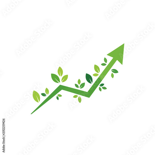 Green Arrow Graph Showing Upward Growth with Leaves.
