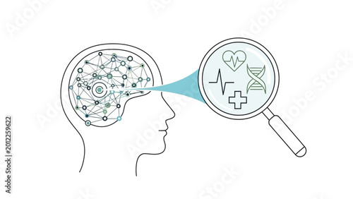 Medical research and brain science exploration through magnifying glass.