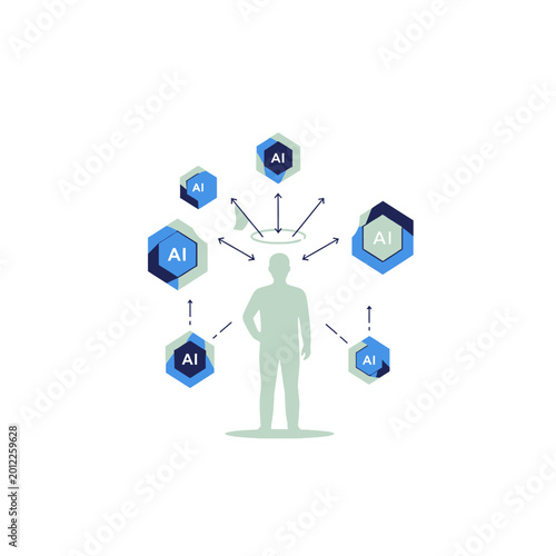 Human interacting with artificial intelligence hexagons.