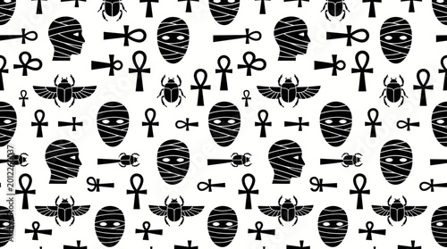 Foto Pattern of Ancient Egyptian Symbols: Black and White Seamed Motifs Featuring Ankh, Eye of Horus, and Scarab