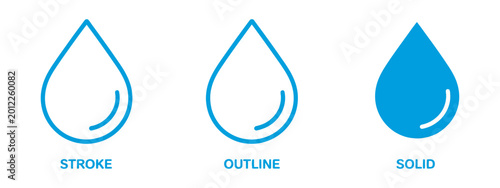 Schilderij op canvas Water drop icon design set featuring solid and outline styles, editable stroke v