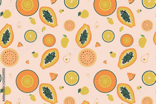 Tablou pe pânză A vibrant tropical fruit pattern featuring sliced papayas and oranges on a warm
