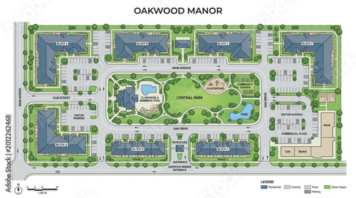 Cuadro en lienzo Oakwood Manor architectural site plan rendering with buildings and amenities