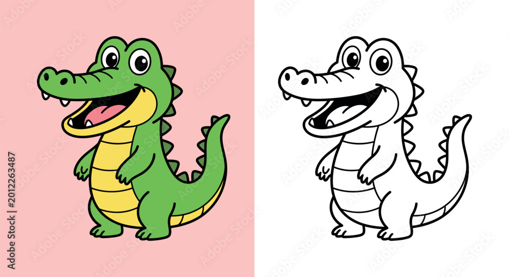 Obraz premium Cute Cartoon Crocodile Coloring Page and Vector Illustration for Kids
